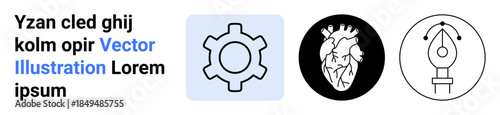 Gear icon for technology, anatomical heart for health themes, and pen tool icon for design. Ideal for tech interfaces, medical topics, creativity, software, art, innovation simple landing page
