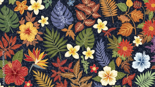 Vibrant Tropical Floral Pattern with Exotic Flowers and Leaves.