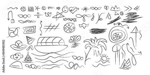 A collection of hand-drawn doodles and abstract shapes