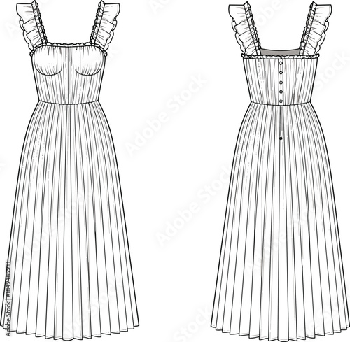 Women long pleated dress front and back technical sketch with ruffle straps apparel cad drawing flat vector illustration