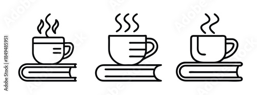 Steaming Coffee Cups on Books, Minimalist Educational Icons, Reading and Coffee Time Concept