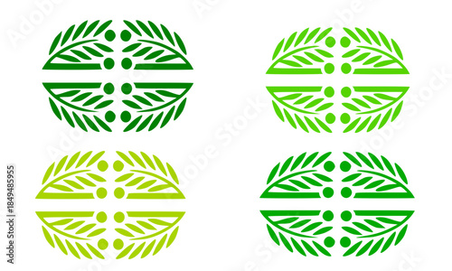 Set of Four Green Shades Paulownia Leaf Emblems Go-Shichi-No-Kiri Variations, Traditional Japanese Kamon Family Crest Collection, Stylized Circular Floral Designs, Vector Illustration