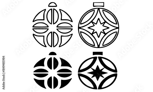 Set of Four Black and White Geometric Star Pointed Designs Japanese Kamon Family Crests in Circles, Traditional Heraldry Emblems Collection, Minimalist Vector Line Art Illustration, White Background