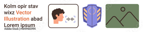 Voice recognition, cybersecurity, identity protection, navigation, communication, technology. Profile with sound waves, a shield and a landscape icon. Voice recognition and cybersecurity concept