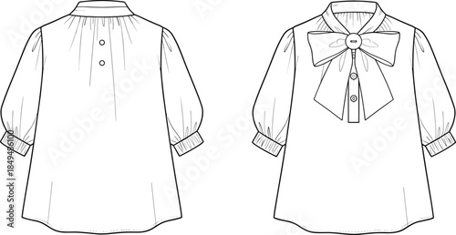 Girls dress technical drawing, bow collar design, fashion cad illustration, long sleeve kids apparel, flat vector garment template, outline