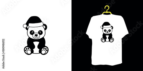 Black and white panda wearing Santa hat on white background and t-shirt