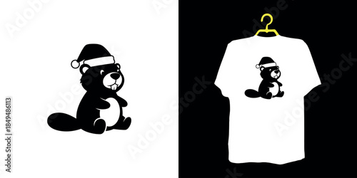 Black silhouette beaver wearing Santa hat on white and t-shirt on black