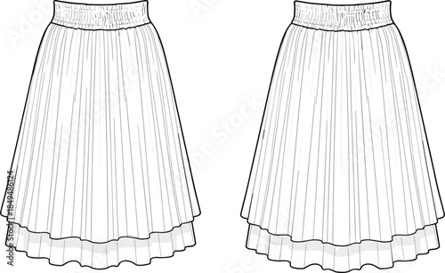 Pleated maxi skirt technical drawing, fashion cad illustration, layered hem design, women apparel flat vector, front view garment template, outline