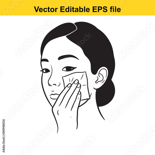  vector illustration of a woman wiping her face with a cloth in black and white
