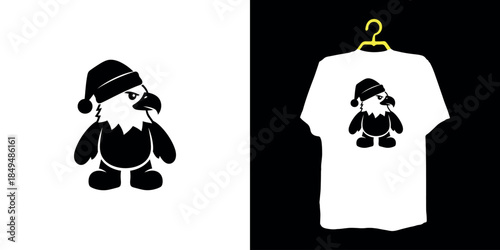 Black silhouette of an eagle wearing a Santa hat on white and a white t-shirt with the eagle on