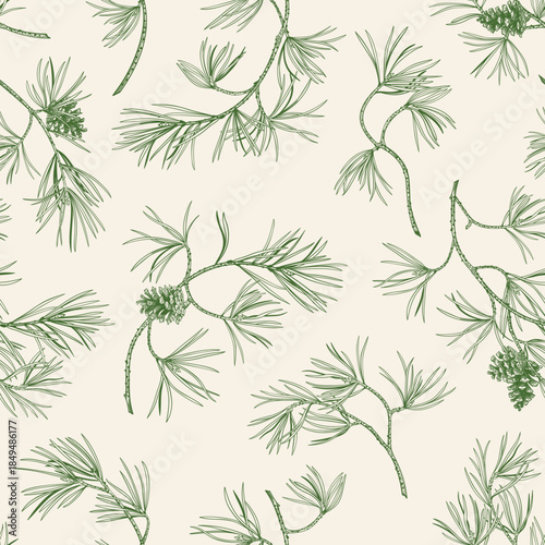 Seamless botanical pattern with pine branches and cones. Engraving technique.