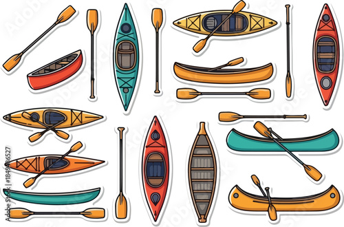 Collection of Kayaks and Canoes with Paddles Illustration