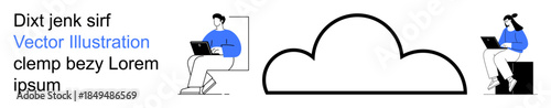 Remote work, cloud storage, digital collaboration, technology, online connection, virtual workspace. Two people working on laptops near a cloud icon. Remote work and cloud storage concept