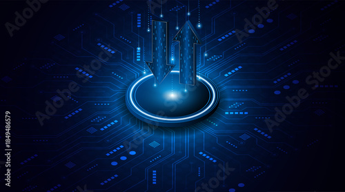 Up and down arrows on dark blue background. Concept of data transmission or digital exchange. Business growth or investment concept. Blue arrow technology background.