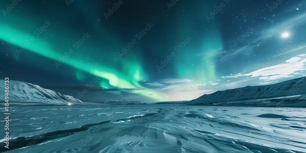 Fototapeta premium Breathtaking display of vibrant green and blue aurora borealis lights illuminate a vast, snow-covered landscape with distant mountains and a starry night sky, creating a serene and awe-inspiring...