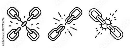 Breaking Free Chain Illustrations: Three Links Shattering in Bold Black Lines on White Background