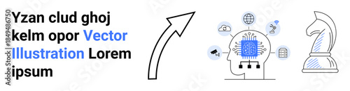 Artificial intelligence, strategic decision-making, technology innovation, connectivity, information processing, futuristic planning. Human head with chip, arrow chess piece. Artificial intelligence