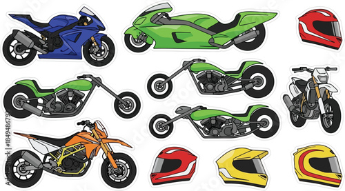 Illustration Set of Various Motorbikes and Helmets for Enthusiasts