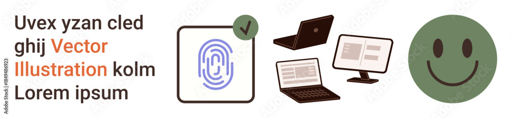 Fototapeta premium Digital security, user authentication, data access, technology usage, communication, user interface. A fingerprint icon, devices and happy face. Digital security and authentication in focus