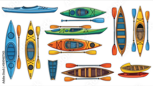 Collection of Colorful Kayaks and Paddles Illustration for Water Sports and Activities