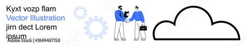 Business operations, cloud sharing, teamwork, data storage, technology integration, communication. Two figures handshake near a cloud shape and gears. Business operations and cloud sharing concept