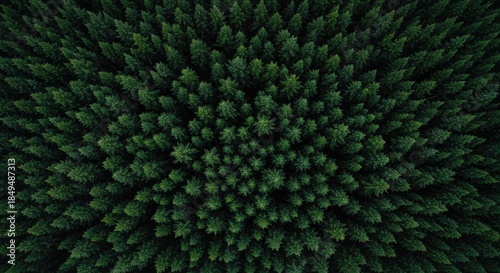 Dense forest canopy seen from above.  A symmetrical pattern of pine trees