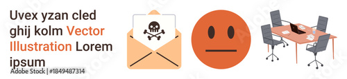 Cybersecurity, workplace management, communication, digital threats, online safety, minimalism. Icon of an email with a skull warning, a neutral face and an office desk with chairs. Cybersecurity