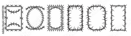 Hand Drawn Thorny Frame Set with Doodle Style Spiky Thorn Frames Collection Spikes and Barbed Outline