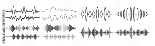 Podcast sound waves. Audio waveforms line icons, sound wave frequency or voice microphone signals. Music, podcast and broadcast, UI and audio branding design. Isolated vector set