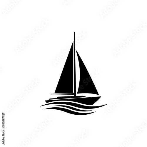Black silhouette sailboat icon on waves isolated on transparent background