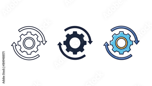 Set of three icons representing process, workflow, automation, and continuous improvement with a gear and circular arrows