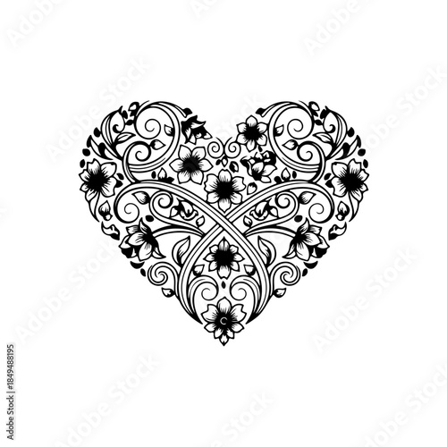 Ornate floral heart filigree design isolated on transparent background