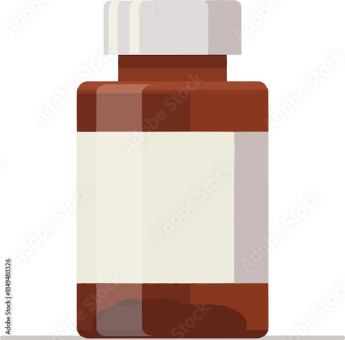 brown glass bottle with beige label for pills or capsules in medical or pharmaceutical setting