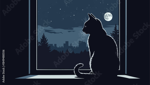 Silhouette of a black cat sitting on a windowsill looking out at the night sky.