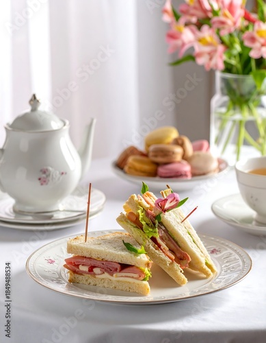 Plated sandwich with tea and macarons