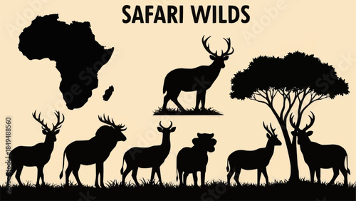 Safari Wildlife Animals Silhouette Collection Africa Map Tree.