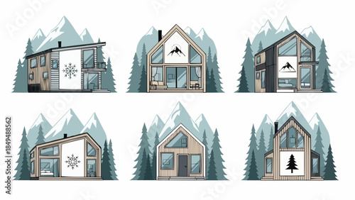 Modern Mountain Chalets and Cabins in Snowy Landscape.