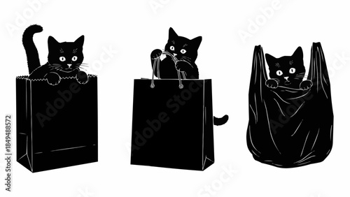 Three Black Cats Peeking Out of Shopping Bags.