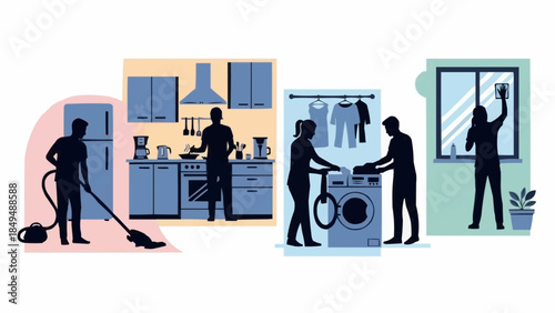 People doing household chores and cleaning tasks at home.