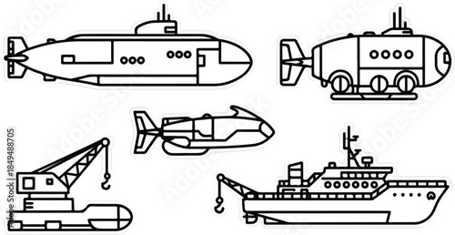 Underwater Exploration Vessels A Black and White Line Art Collection