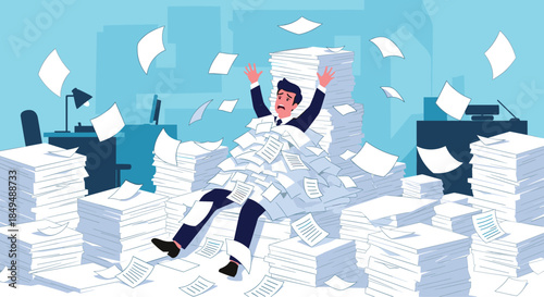 An overwhelmed and stressed businessman is buried under a massive pile of paperwork and documents in a chaotic office.
