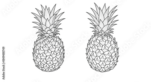A detailed black and white line art illustration of two whole pineapples, drawn in a classic vintage engraving style.