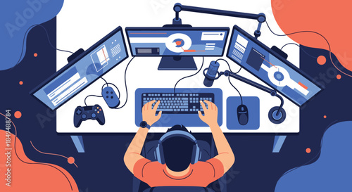 Top-down view of a professional gamer or streamer at a multi-monitor computer setup with a microphone and headphones.