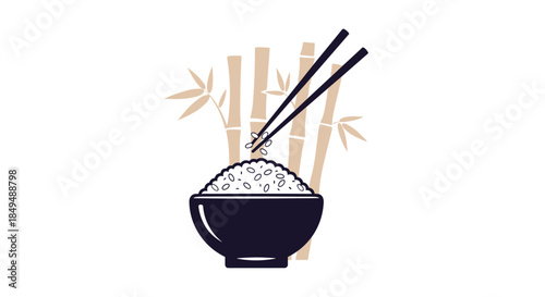 Stylized graphic depicting a bowl of cooked white rice being eaten with chopsticks, set against a bamboo backdrop.