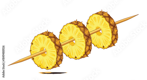 Three vibrant pineapple slices, still featuring their textured skin, are neatly threaded onto a wooden skewer, ready for a tropical snack or garnish.