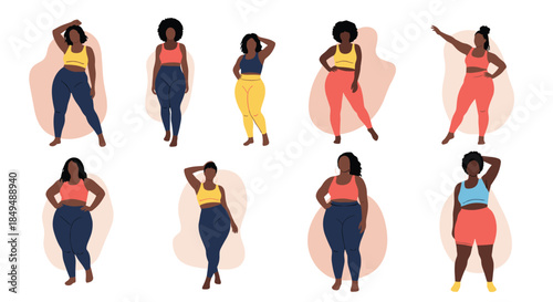 A set of beautiful plus-size African American women in colorful sportswear, promoting fitness and body positivity for all.