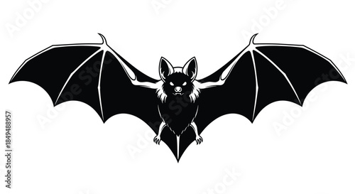 A menacing black bat with glowing white eyes and outstretched wings, depicted in a stylized graphic illustration.
