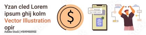 Financial technology, process automation, mobile payments, digital wallet, innovation, teamwork. Dollar sign, smartphone and a person interacting with workflow diagram. Financial technology