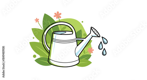 A simple illustration of a white watering can with light blue accents, watering plants and flowers, symbolizing gardening, growth, and nature's care.