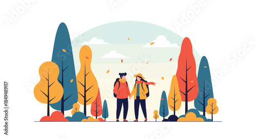 A young couple holds hands while hiking with backpacks through a beautiful forest with colorful autumn trees and leaves.